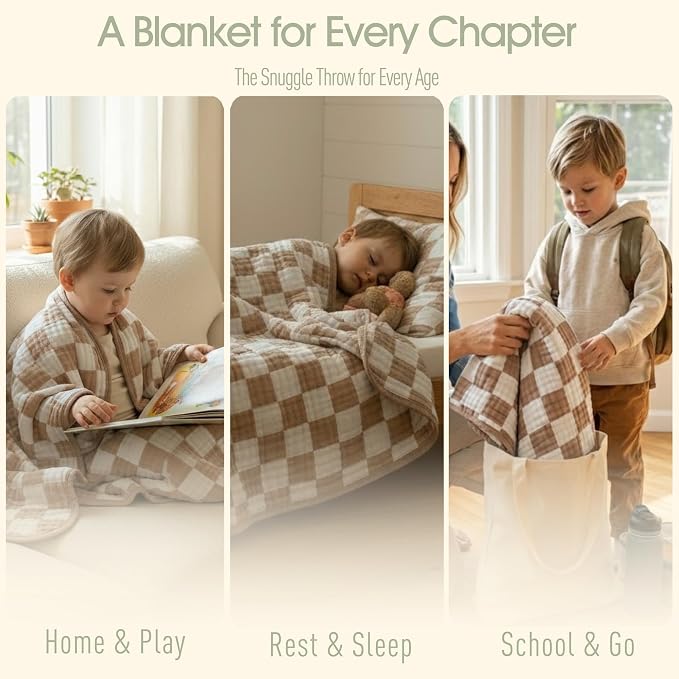 6-Layer Muslin Toddler Blanket - Made with Organic Cotton, Large 50x60 Crib Quilt & Bedding for Kids & Moms (Coffee Checkered)