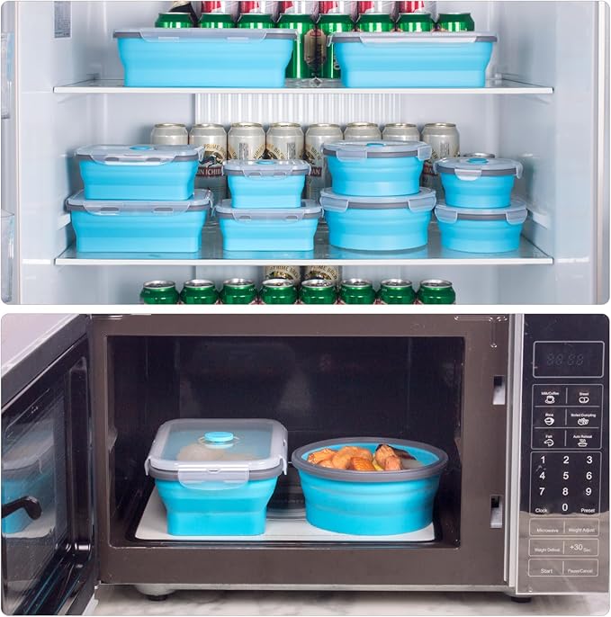 Collapsible Food Storage Containers with Lids 10 Pack(81oz/58oz Extra Large Included), 6 Rectangular+4 Round, Annaklin Silicone Collapsible Food Containers Sets Microwave Freezer Dishwasher Safe, Blue