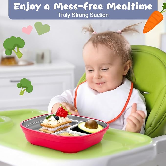 Geiserailie Square Stainless Steel Toddler Plates with Suction – 7.68” Divided Plates with Removable BPA-Free Silicone Sleeves, Unbreakable Baby Feeding Dishes Set of 4(Bright Colors)
