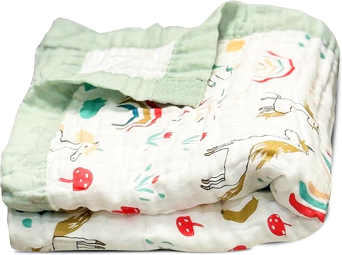100% Cotton Muslin Baby Blanket | Soft & Breathable 6-Layer Swaddle & Receiving Blanket | Lightweight Quilt for Newborns, Infants & Toddlers - Unicorn & Rainbows - Sage Trim