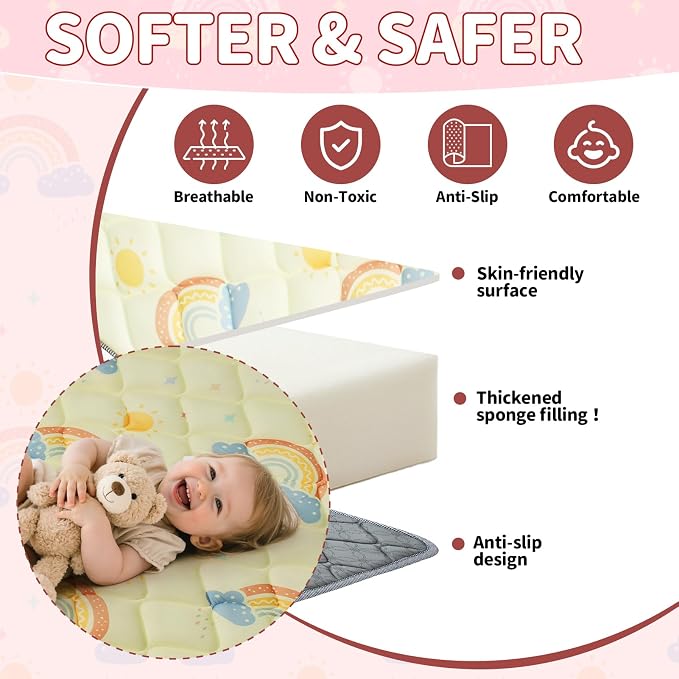 47"x47" Baby Playpen Mat - Thicken & Foldable Memory Foam Cushioned Playmat for Babies Toddlers Infants - Non-Slip & Machine Washable Baby Play Mat for Floor, Rainbow