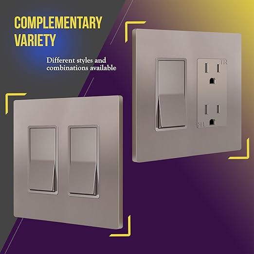 ENERLITES Elite Series Screwless Decorator Wall Plate Child Safe Outlet Cover, Size 2-Gang 4.68" H x 4.73" L, Unbreakable Polycarbonate Thermoplastic, SI8832-NK, Glossy, Nickel