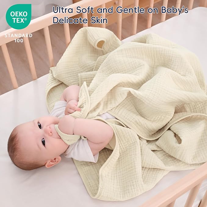 PHF Baby Muslin Swaddle Blanket, 100% Cotton Soft Breathable Receiving Blankets for Boys and Girls, 4-Layer Swaddle Wrap Burping Clothes, Baby Essentials, Large 47 x 47 inches, Beige/Birch