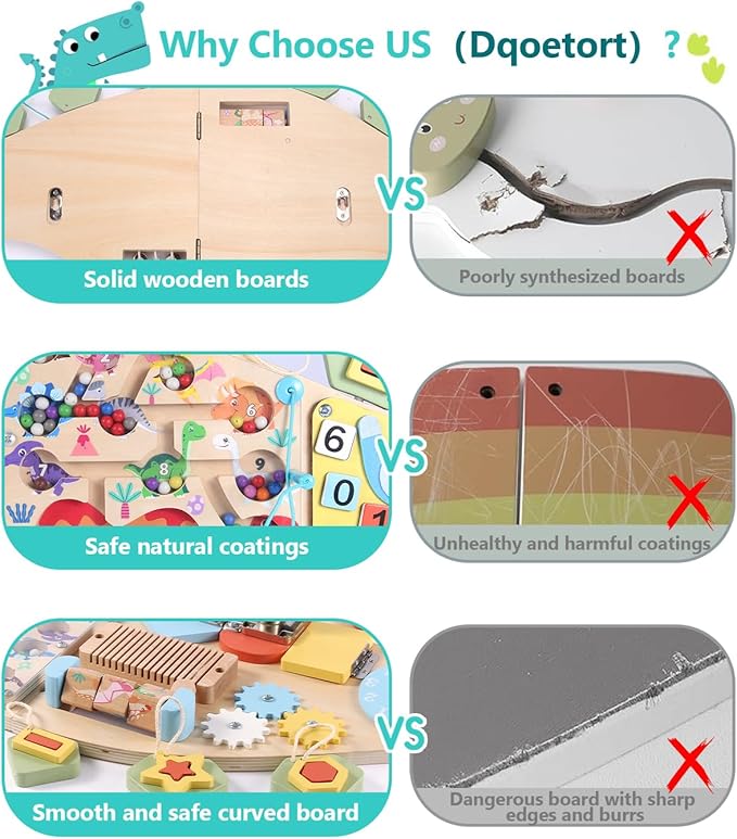 Dinosaur Activity Wall Busy Board - 11-in-1 Foldable Wooden Montessori Sensory Panel for Kids 3-7, Wall Mounted Toddler Learning Activity Center for Playroom Classroom Daycare, Autism Sensory Toy