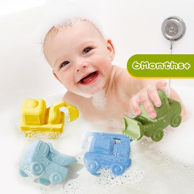 Mold Free Bath Toys for Toddlers, 4 Pack Food Grade Silicone Bath Toys, Easy Clean Truck & Construction Car Bath Toy | Squeezable & Floating Bathtub Toys | Beach Water Pool Toys for Boy Girl Gifts