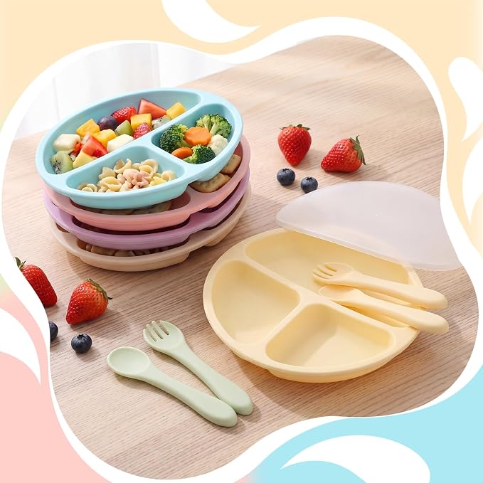 Meanplan 6 Pack Suction Plates for Toddlers with Lids Silicone Baby Plates set Food Grade Silicone Divided Design Microwave and Dishwasher Safe Assorted Colors(Macaron Colors)