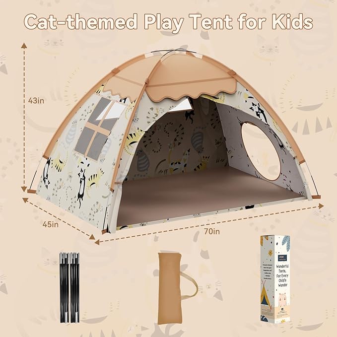 AFUNX Kids Play Tent, Indoor Cat Theme Teepee House, Extra Large 70" x 45" x 43" Portable Foldable Playhouse,Kids Toys Playhouse for Boys & Girls, Gift for Birthday Christmas