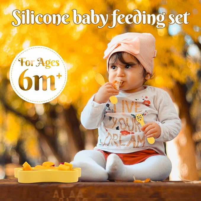 BabyX Silicone Feeding Set (3 PCs) Cove & Coast Series, Baby Plate with Suction Cup, Training Spoon and Fork, BLW Utensils for Toddler Kid, BPA-Free, Microwave/Dishwasher Safe - Yellow Sea Star