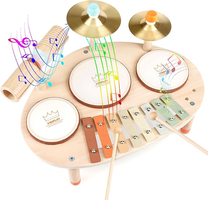 Vanplay Drum Set for Toddler - Toys for 2 3 4 Year Old Girls Boy Gifts - 9 in 1 Wooden Montessori Musical Instruments with Xylophone for Kids 3-5, Christmas Birthday Gifts for Toddlers 2-4