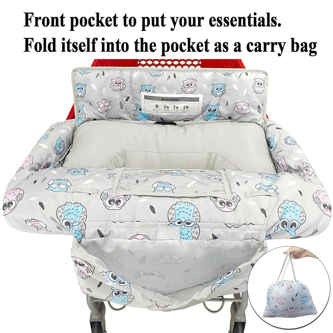 Love&go Soft Pillow Attached 2-in-1 Shopping Cart and High Chair Cover for Baby, Cotton Padded Cart Cover, Fold'n Roll Style, Portable with Carry Bag (Gray Owl)