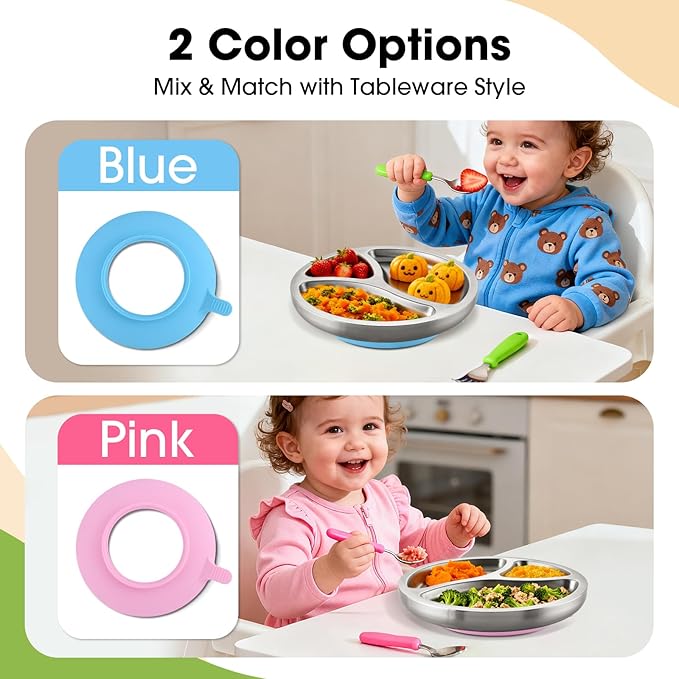 Stainless Steel Toddlers Plate with Silicone Suction, 8" Divided Plate, BPA-Free, Dishwasher Safe, Unbreakable, Non-Toxic, for Baby Led Weaning Supplies(Blue)