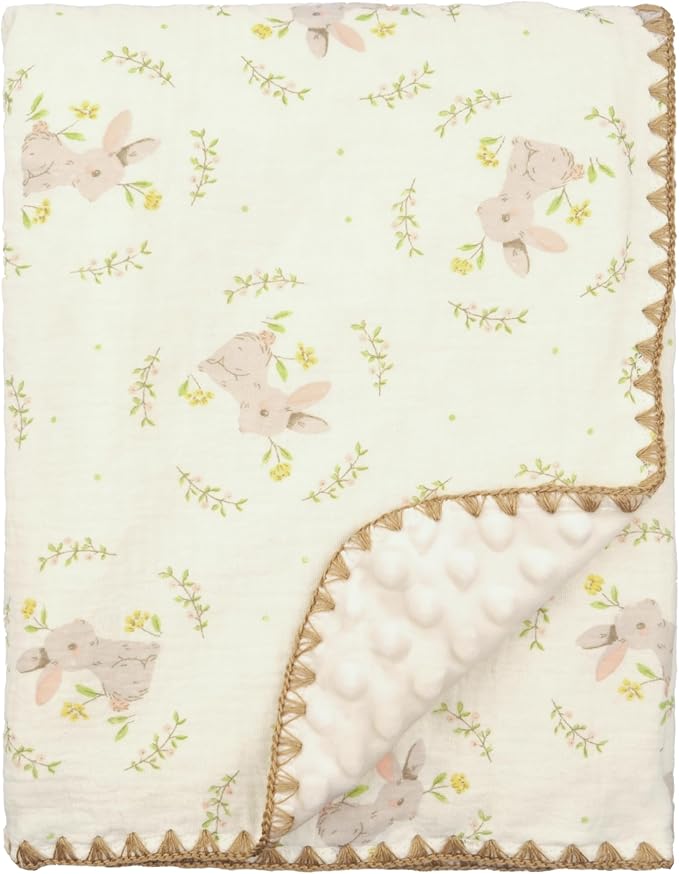 Baby Blanket 40x40 Inches,Muslin Cotton and Minky Dotted Double Layer Soft Receiving Blanket for Newborn Toddler,Meadow Bunny