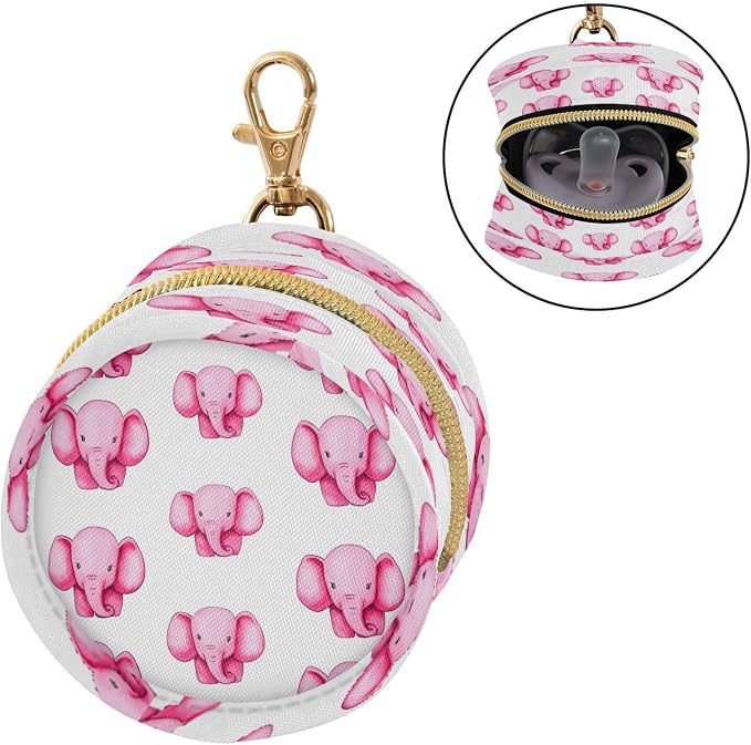 Pink Elephant Pacifier Holder Case with Clip Portable Small Travel Pacifier Pouch for Mom Bag Zipper Coin Purse Pendant