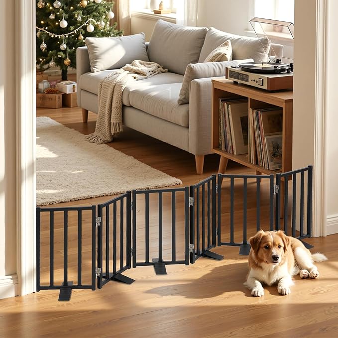 Snagle Paw Short Dog Gate,16.5" Tall Freestanding Metal Dog Gate Only for Small Dogs with Support Feet Easily Step Over,Up to 72" Wide Puppy Gate Indoor for Stairs,Doorways(Black,6 Panel)