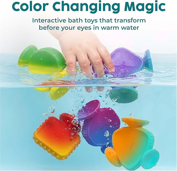 BUNMO Big Shapes Color-Changing Textured Suction Bath Toys for Toddlers 1?? (10 Pack), Extra Large Silicone Bathtub Toys, BPA-Free Suction Cup Toys, Bath Toys for Kids Ages 1+, Sensory Bath Toys