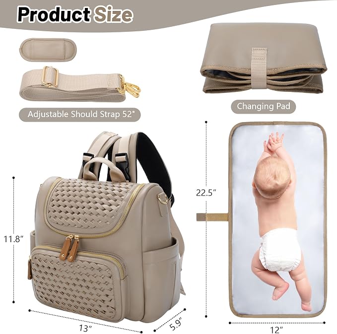 Minsong Diaper Bag Backpack, Small Diaper Backpack for Mom with Changing Station, Stylish Vegan Leather Travel Diaper Nappy Bags (Khaki)