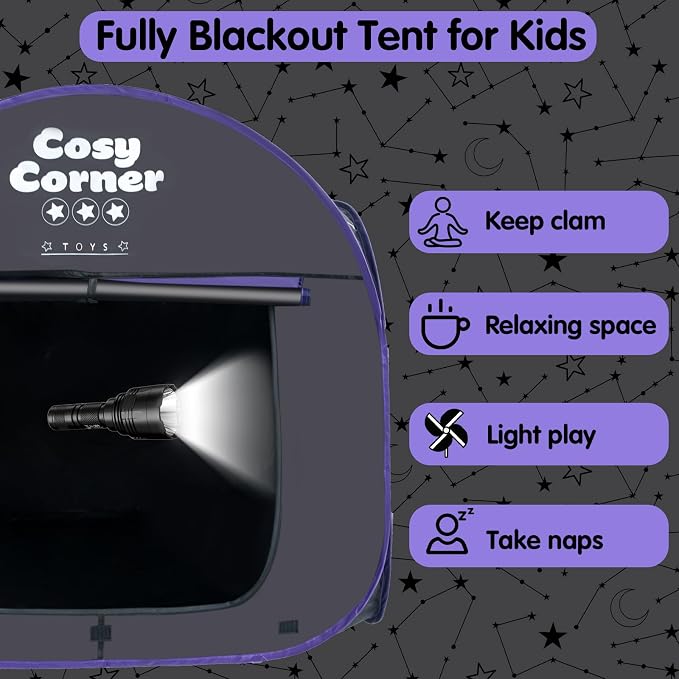 Sensory Tent for Kids Blackout Pop Up Play Tent for Relax & Claming Down, Clam Corner with Fiber Optic Lamp & Glow in The Dark Blanket for Children Ages 3 Years & up