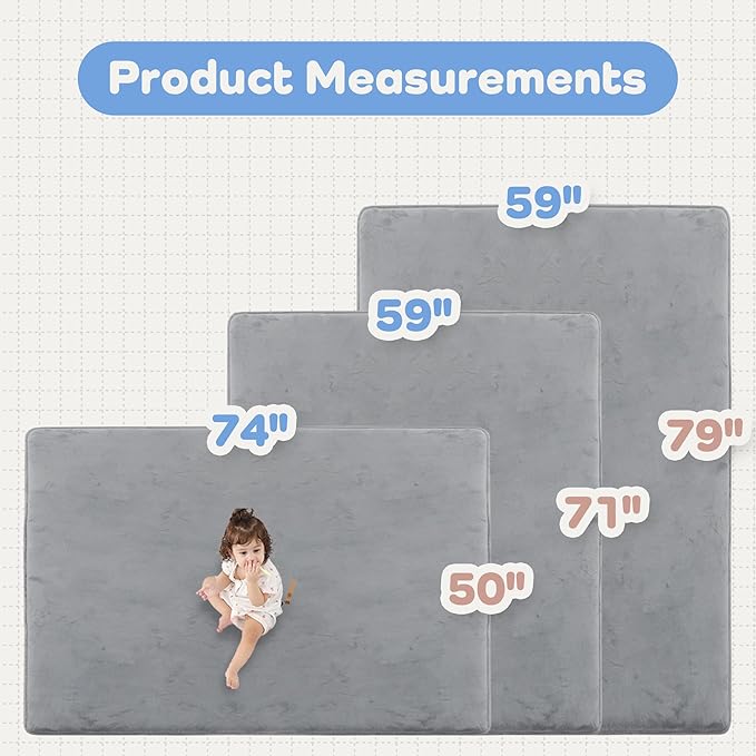 1.3" Thick Baby Floor Play Mat 50x74, Basic Padded Foam Mat for Tummy Time Crawling, Non Slip Cushioned for Babies Toddlers Infants Kids (Light Grey)