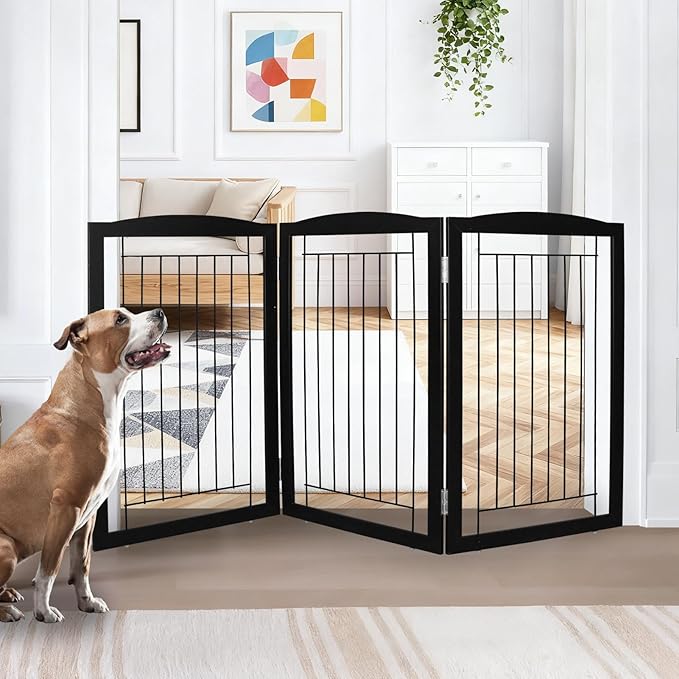 ZJSF Freestanding Foldable Dog Gate for House Extra Wide Wooden Black Puppy Gate Stairs Dog Gates Doorways Tall Pet Gate 3 Panels Pet Fence