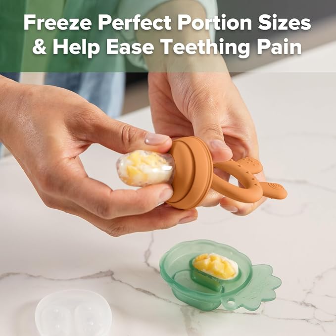 Haakaa Baby Fruit Food Feeder & Mini Freezer Nibble Tray Combo, Breastmilk Popsicle Molds for Baby Cooling Relief, BPA Free Silicone Feeder for Safe Infant Self Feeding, 4 Month+ (Pumpkin)