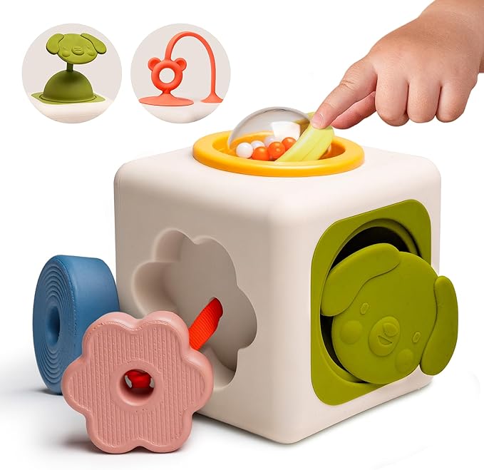 Taf Toys Busy Cube Toy Silicone Activity Cube for Baby 6 Months & Up Pop-It, Shape-Sorting, Sensory Exploration Spinning Bead Ball Develop Motor Skills Problem-Solving Montessori Toys for 1+ Year Old