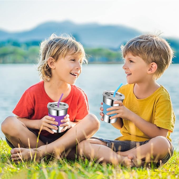 Toddler Cups with Straws, 18/8 Stainless Steel Children Smoothie Drinking Sippy Cups, Stacking & Reusable Kids Cups with Straws and Lids, 5 Pack, 12oz
