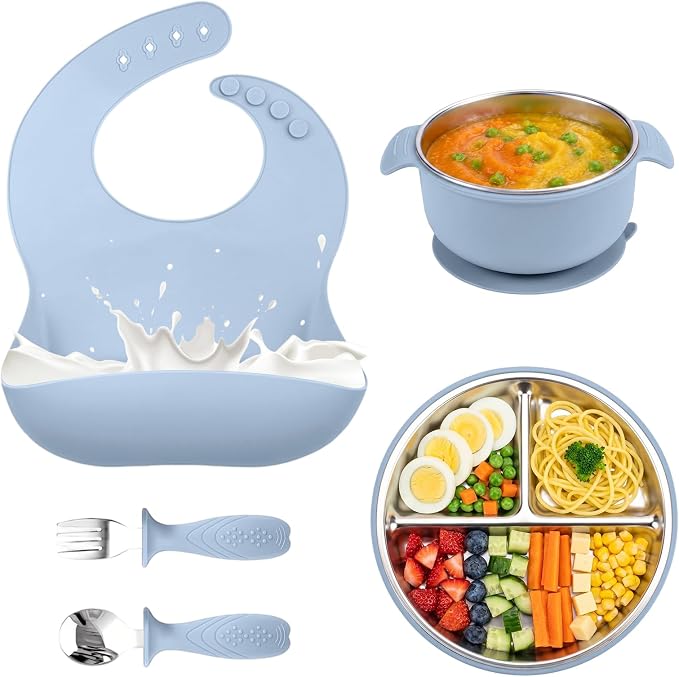 5-in-1 Stainless Steel Baby Feeding Set, Suction Divided Plates, Bowls, Silicone & Stainless Spoon Fork, Baby Tableware for Self-Feeding, Durable, BPA-Free (Blue)