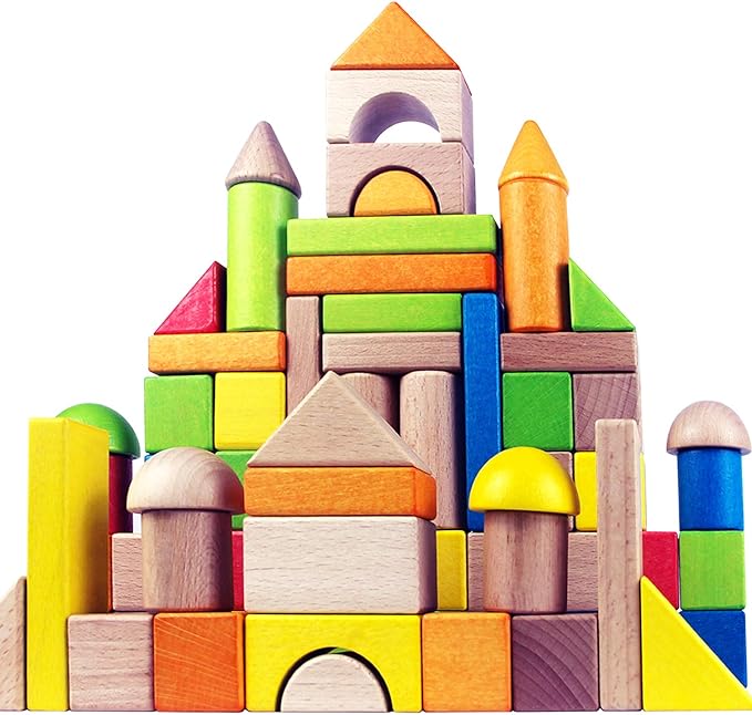 Migargle Wooden Building Blocks Set for Kids - Rainbow Stacker Stacking Game Construction Toys Set Preschool Colorful Learning Educational Toys - Geometry Wooden Blocks for Boys & Girls