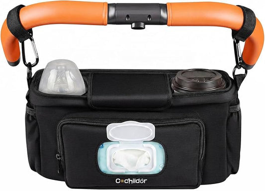 Cochildor Universal Stroller Organizer Caddy with Wide Cup Holders, Features 2-in-1 Wipe Pocket, Elastic Side Pockets, Shoulder Strap & Secures to Full-size Strollers, Black