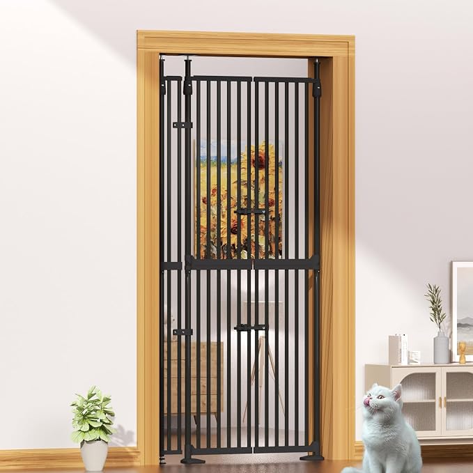 74.8"-90.5" Extra Tall Cat Gate for Doorway, Auto‑Close, No‑Drill Pressure‑Mount with 3 Support Pillars & Double‑Door, Fits 30.3–38.2″ Openings, 1.37″ Narrow Gap, Extension Kit Included, Black