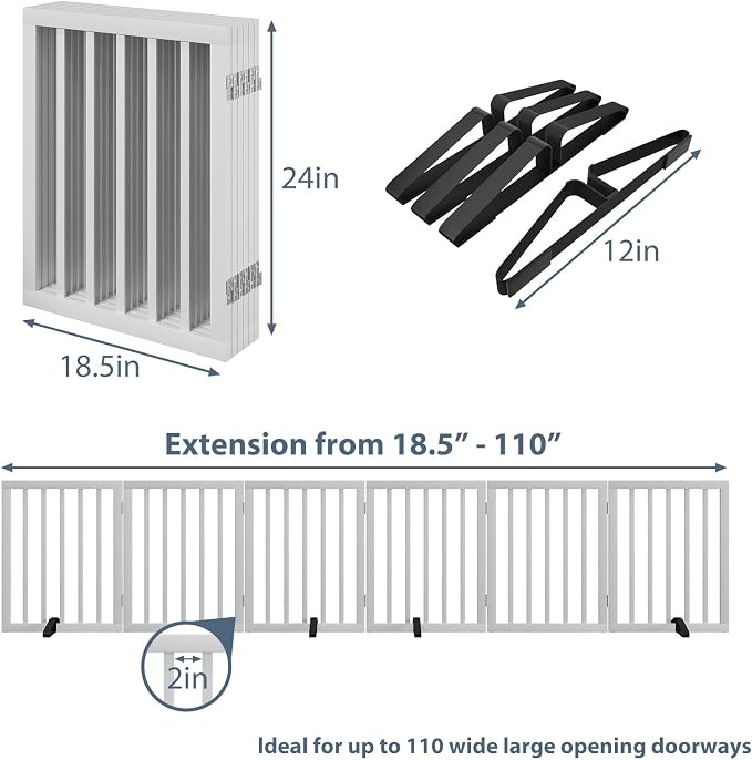 Dog Gates for Doorways Extra Wide 110inches (9ft), Wooden Freestanding Pet Gates for Dogs with 4 Support Stands, Foldable Gates for Dogs Indoor