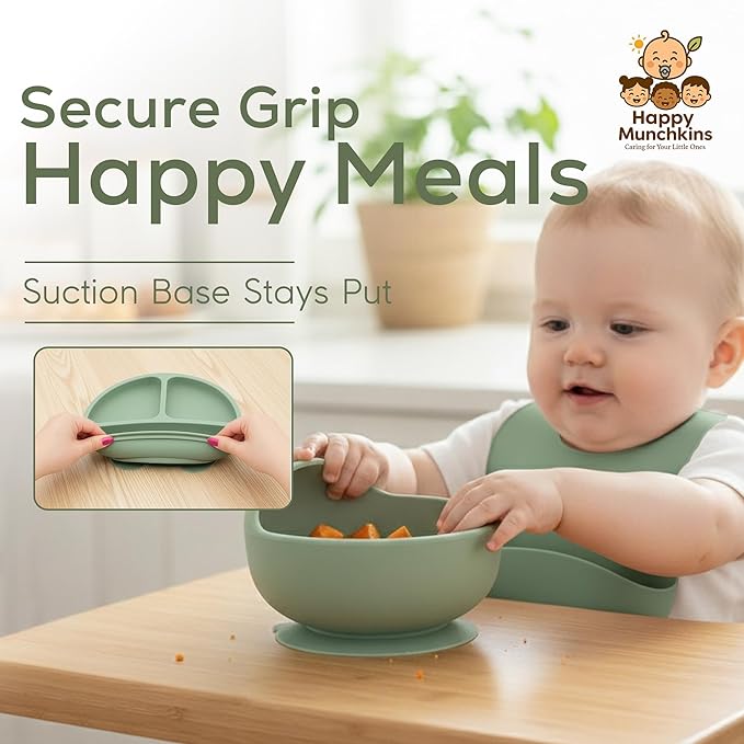 Silicone Baby Feeding Set | 9 PCS Baby Led Weaning Supplies Feeding Utensils | Divided Suction Plate Bowl Bib Cup Baby Spoons Forks | Toddler Eating Essentials-6+ Months (Light Green)