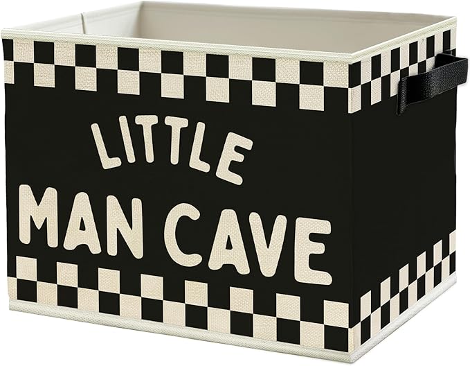 Little Man Cave Boys Storage Bins Box with Handles, Black White Checkered Collapsible Basket Organizer for Kids Boys Playroom Nursery Room Bedroom Bathroom Toys Books Clothes