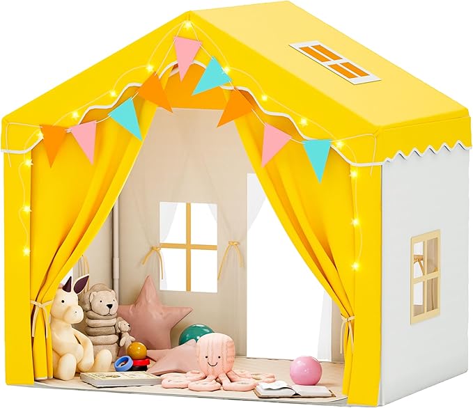 Kids Tent,Indoor & Outdoor Kid Playhouse 2 in 1 with Lights and Mat,54" x36.5" x 51" Large Play Tents with 2 Doors & 5 Windows,Yellow