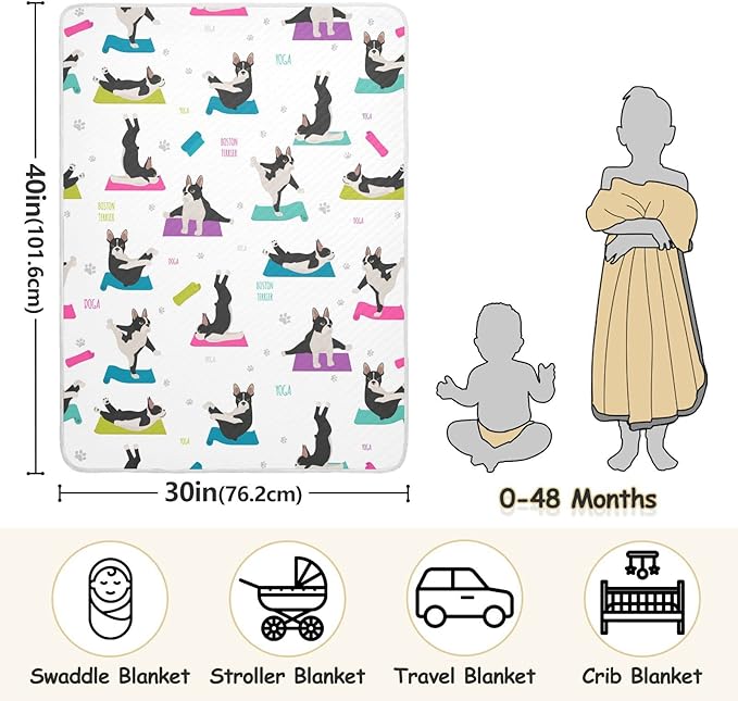 Ollabaky Cute Yoga Dogs Boston Terrier Baby Blanket for Boys Girls Cotton Throw Blanket Swaddle Blanket for Crib Stroller Nursery Receiving Blanket Infant Toddler Unisex 30"x40"