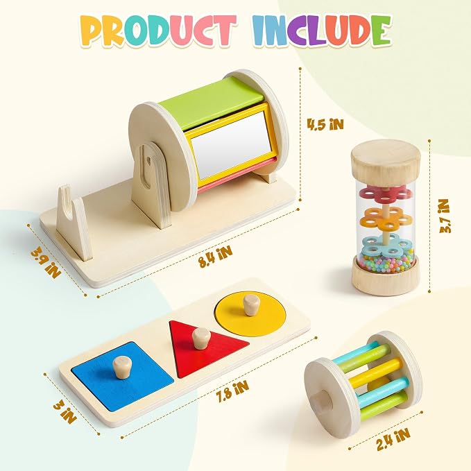 Toyssa Wooden Montessori Toys for Babies 6-12 months with Rainbow Color and Mirror Spinning Drum/Baby Shape puzzle 6-12 months/Sensory Toys Rain Rattle, Montessori Toys Gifts for Toddlers 1 Years Old
