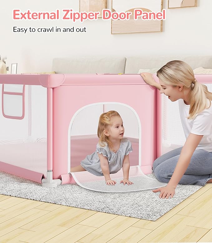 Dripex Baby Playpen, 50"x50" Small Playpen for Babies, Enhanced Safety Baby Play Yard for Indoor & Outdoor, Infant Play Pen with Soft Breathable Visible Mesh, Anti-Fall Design & Easy Setup, Pink