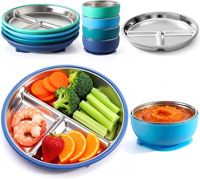 Havawish 8 Pcs Stainless Steel Baby Plate and Bowls with Suction, 8.3" Kid Divided Plate and 4" Toddler Bowl with Removable Silicone, BPA-free Non-slip Baby Feed Set Dishwasher Safe for Boy Girl(Blue)