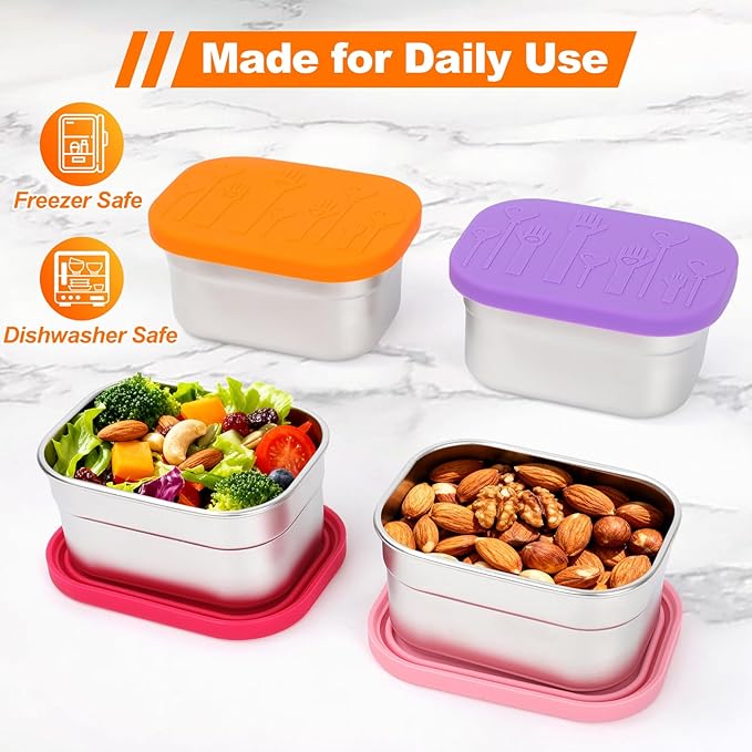 4 Pack Stainless Steel Snack Containers with Lids Set, 8 oz Rectangular Easy Open Leakproof Reusable Snack Box Tupperware Container, Small Containers for Oat,Crackers,Nuts,Candy,Lunch