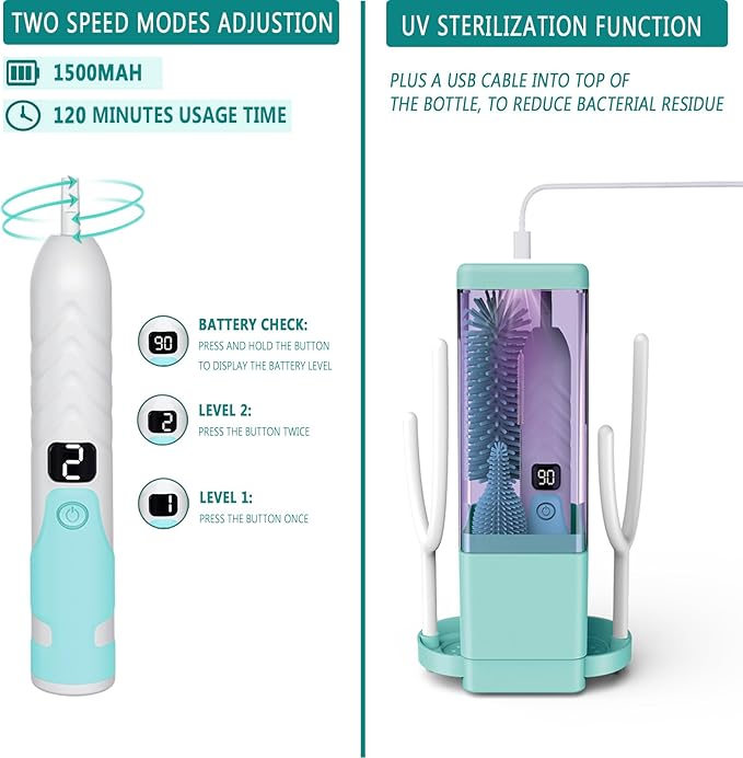 Electric Bottle Brush Cleaner, Portable & Rechargeable Electric Baby Bottle Brush Travel Kit??Nipple & Baby Straw Cleaner Brush,UV sterilized for Moms (Green)