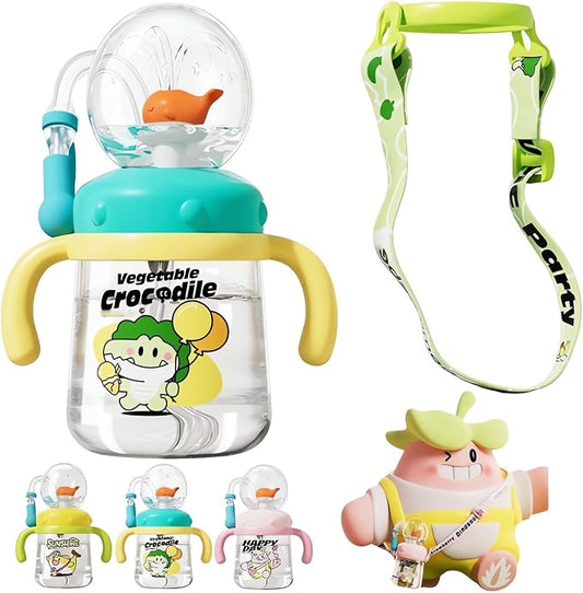 Drinking Cup with Whale Squirt 2025 Kids Weighted Sippy Cups No Spill Cute Water Bottle with Lids and Straws Leak Proof Handles ＆ Adjustable Strap 360 Squirting Milk Straw Training Sippy Cups (A1)