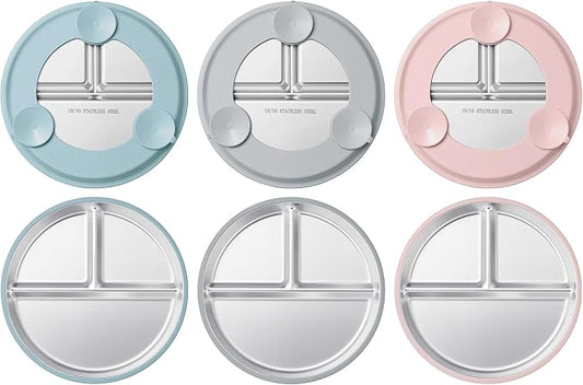 HaWare 3 Pack Stainless Steel Baby Suction Plates, 9 Inch Divided Toddler Plate with Removable Silicone Sleeves, Non Toxic & BPA Free Kids Feeding Set, Dishwasher Safe (Blue/Pink/Gray)