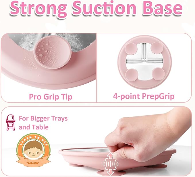 Bakpoco Stainless Steel Suction Plates for Toddlers, 9" Divided Kids Baby Plates with Removable Silicone Suction, Non Toxic Non Slip Portion Control Snack Dishes 3 Packs, Bright Orange/Blue/Green