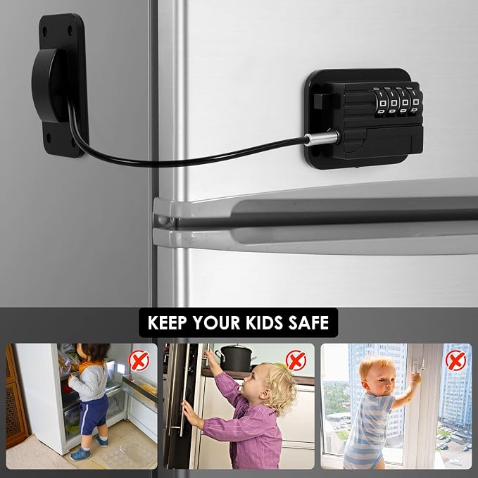 4 Pack Refrigerator Lock, Heavy Duty Fridge Lock with 4-Digit Code, Drill-Free Safety Freezer Combination Lock for Refrigerators, Drawers, Cabinets, Windows, No Key Needed, Easy Install (Black)