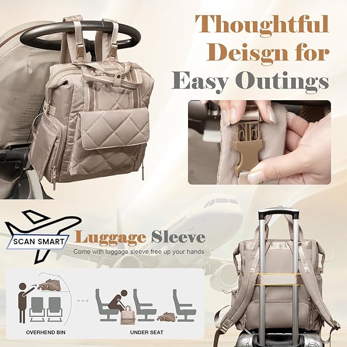 Omanmoli Diaper Bag Backpack Quilted Baby Diaper Bag Lunch Backpack Pañaleras Para Bebe for Working Moms with 11 Pouches,Large Insulated Cooler Compartment,Stroller Straps,Changing Pad,Khaki