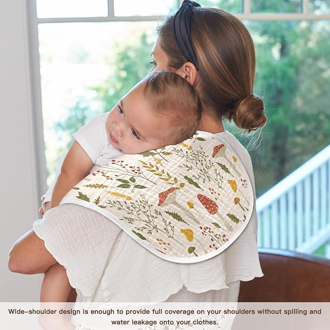 Kigai Baby Burp Cloths 2 Pack, Extra Soft & Absorbent 4-Layer Muslin Cotton Burping Cloths for Newborn Boys Girls, Large 11x22 Inch Curved Shoulder Burp Rags, Cute Mushroom Nursery Design