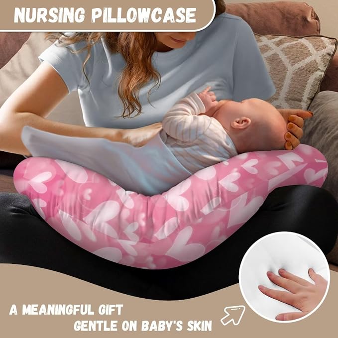 Forchrinse Pink Love Heart Nursing Pillow Cover for Baby Girls Soft Breastfeeding Pillow Cover Washable Infant Feeding Cushion Cover