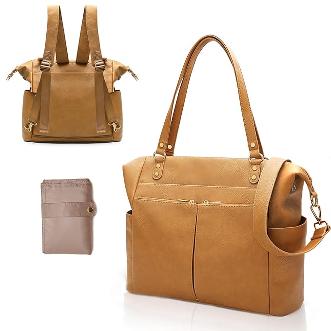 MOMINSIDE Diaper Bag Tote, Leather Diaper Bag Backpack with 14 Pockets for Mom Dad, Convertible Baby Bag for Boys Girls, Baby Registry, Changing Pad, Large 4 Insulated Pockets (Biscuit)