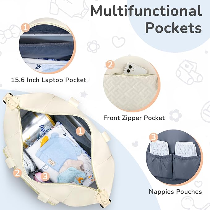 Tenot Diaper Bag Tote with Pacifier Case, Baby Bag for Women with Shoulder Straps, Travel Diaper Tote for for Mom and Dad Beige