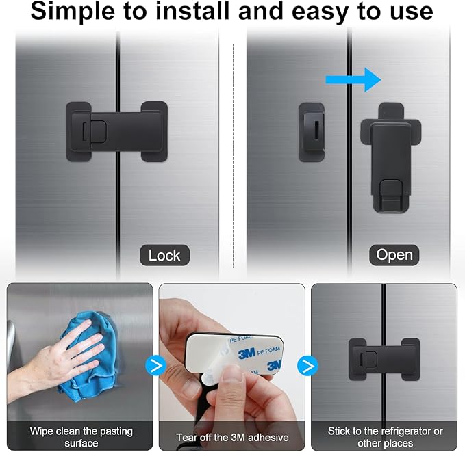 Fridge Locks for Kids, Child Proof Refrigerator Lock, Baby Safety French Fridge Door Lock, Child Cabinet Locks with Strong 3M Adhesive, No Drill, Tool-Free Install (1 Pack, Black)